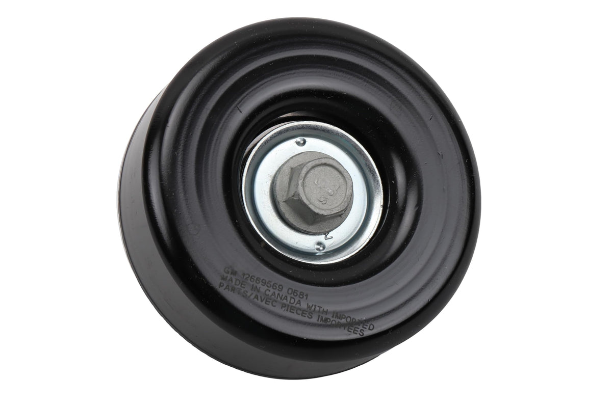 GM Genuine Parts LC9 drive belt idler pulley front view for smooth belt routing