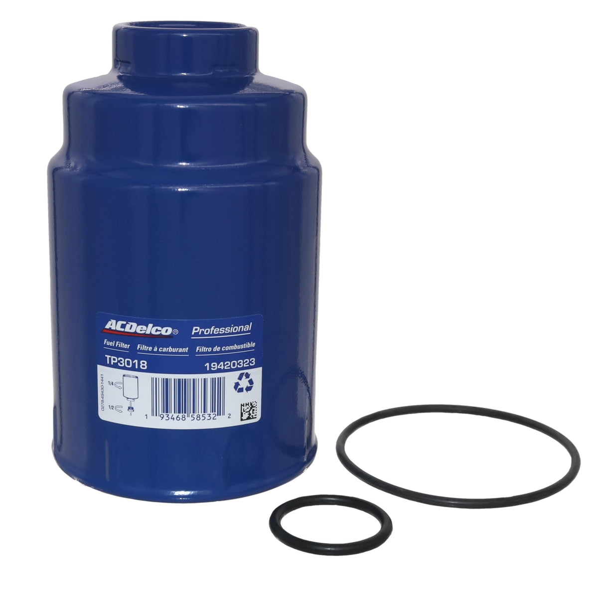 GM Genuine Parts TP3018 fuel filter kit close-up showing filtration for cleaner fuel delivery.