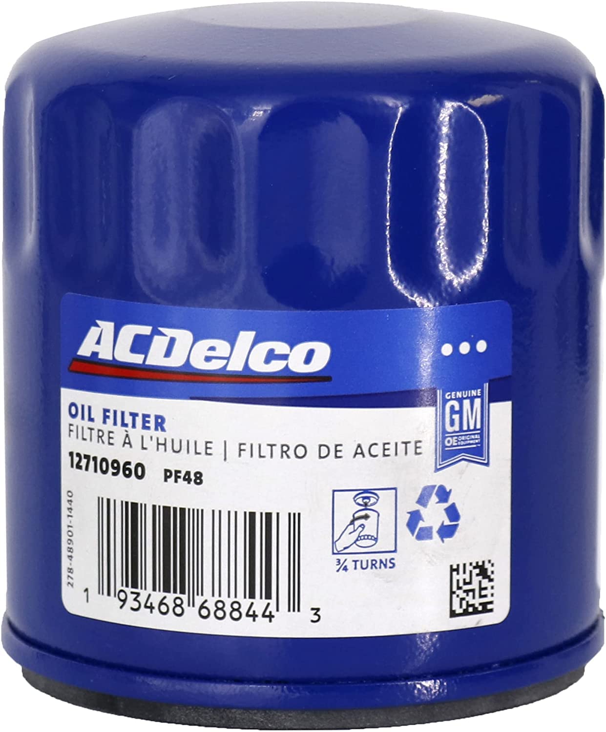 ACDelco PF48 oil filter side view, OEM design for reliable engine filtration.