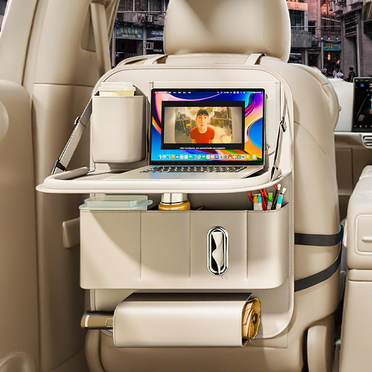 GMQ backseat organizer tray with foldable table for convenient meals on the go.