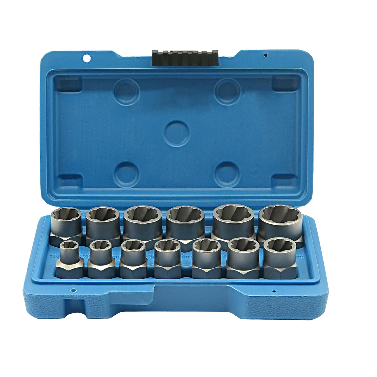 GMTOOLS 13Pcs Screw Extractor Set on workbench for damaged bolts.