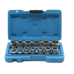 GMTOOLS 13Pcs Screw Extractor Set on workbench for damaged bolts.