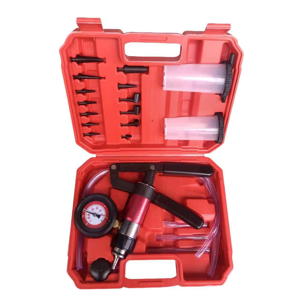 Gnhydxfe 23PCS brake bleeder kit overview with compact handheld vacuum pump for home maintenance.