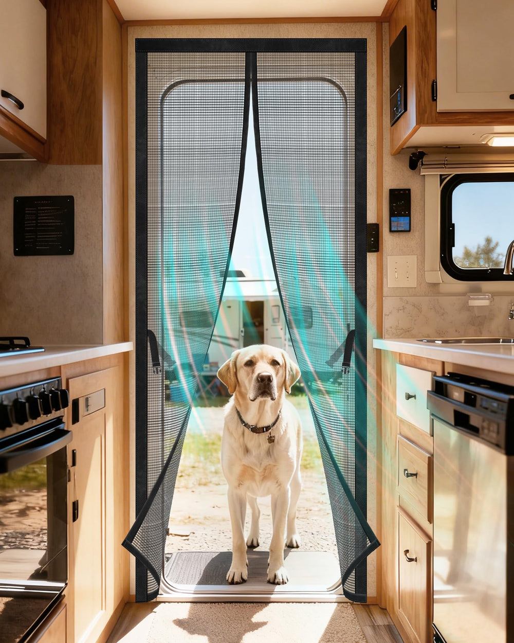 Gociean magnetic RV screen door closeup showing durable fiberglass mesh