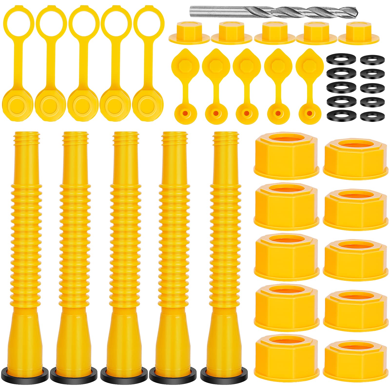 Godboy 5-pack yellow pour nozzles shown together for easy selection.