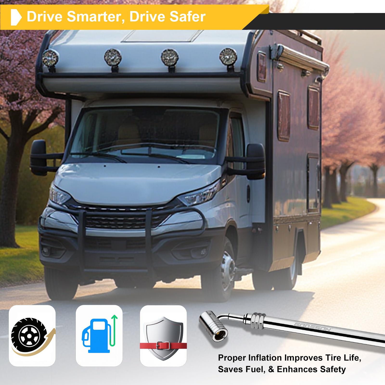 GODESON copper head delivers reliable seal on heavy tires.