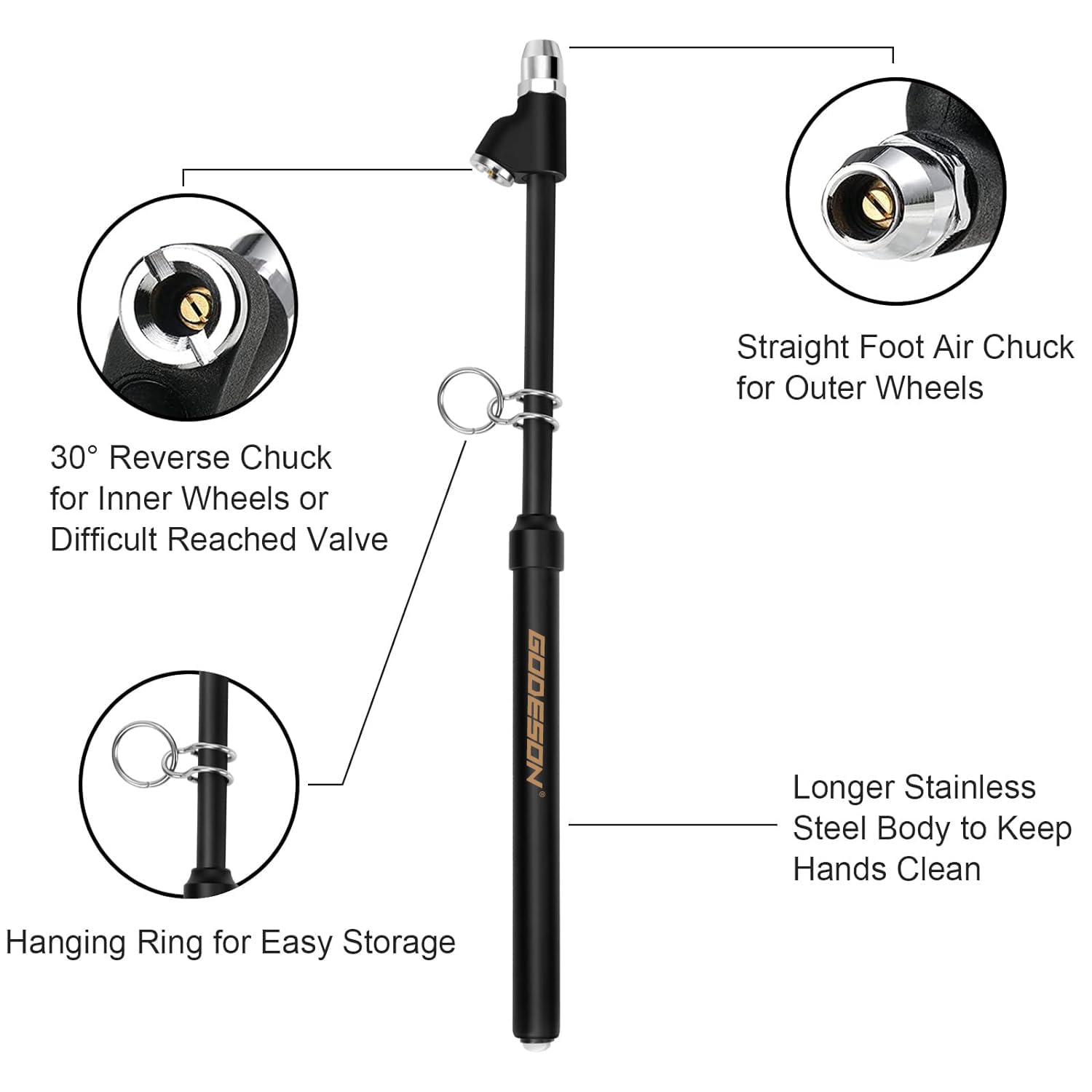 Matte steel body with hanging ring simplifies storage on shop walls.
