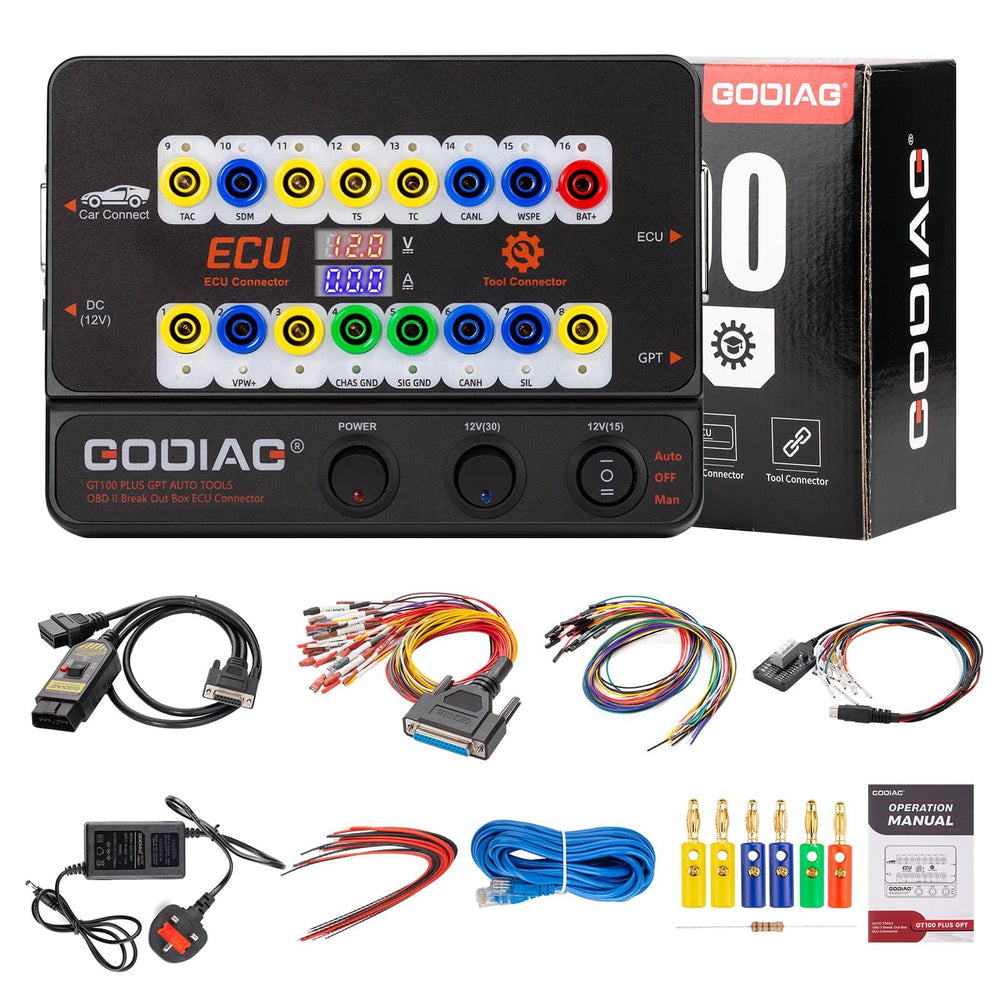 GODIAG GT100+ front view showing compact breakout box for bench testing.