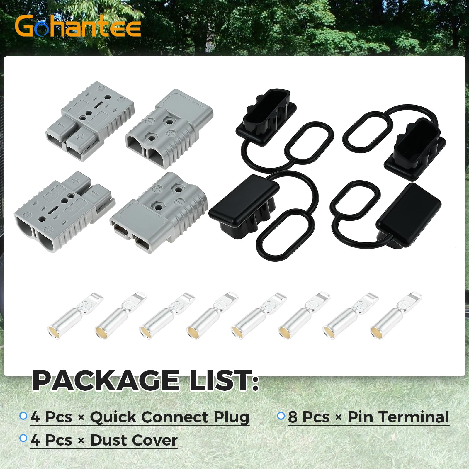 Gohantee packaging includes plugs, pins, and dust covers for setup.