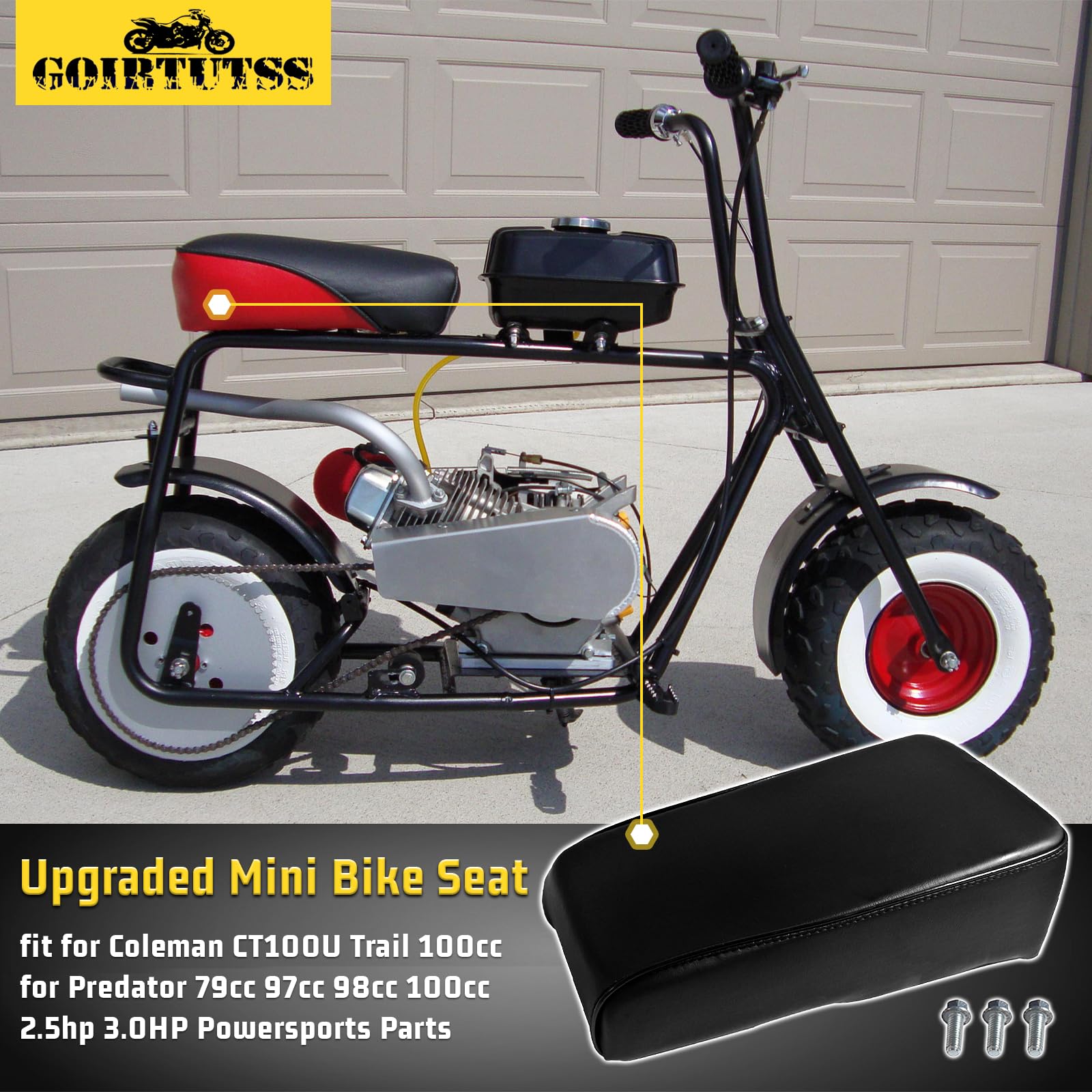 GOIRTUTSS mini bike seat with Predator 79cc attachment supports easy gear transport.