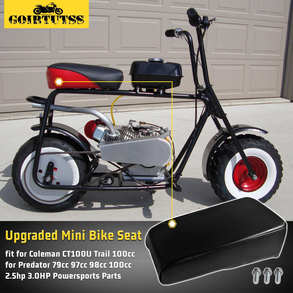 GOIRTUTSS mini bike seat with Predator 79cc attachment supports easy gear transport.