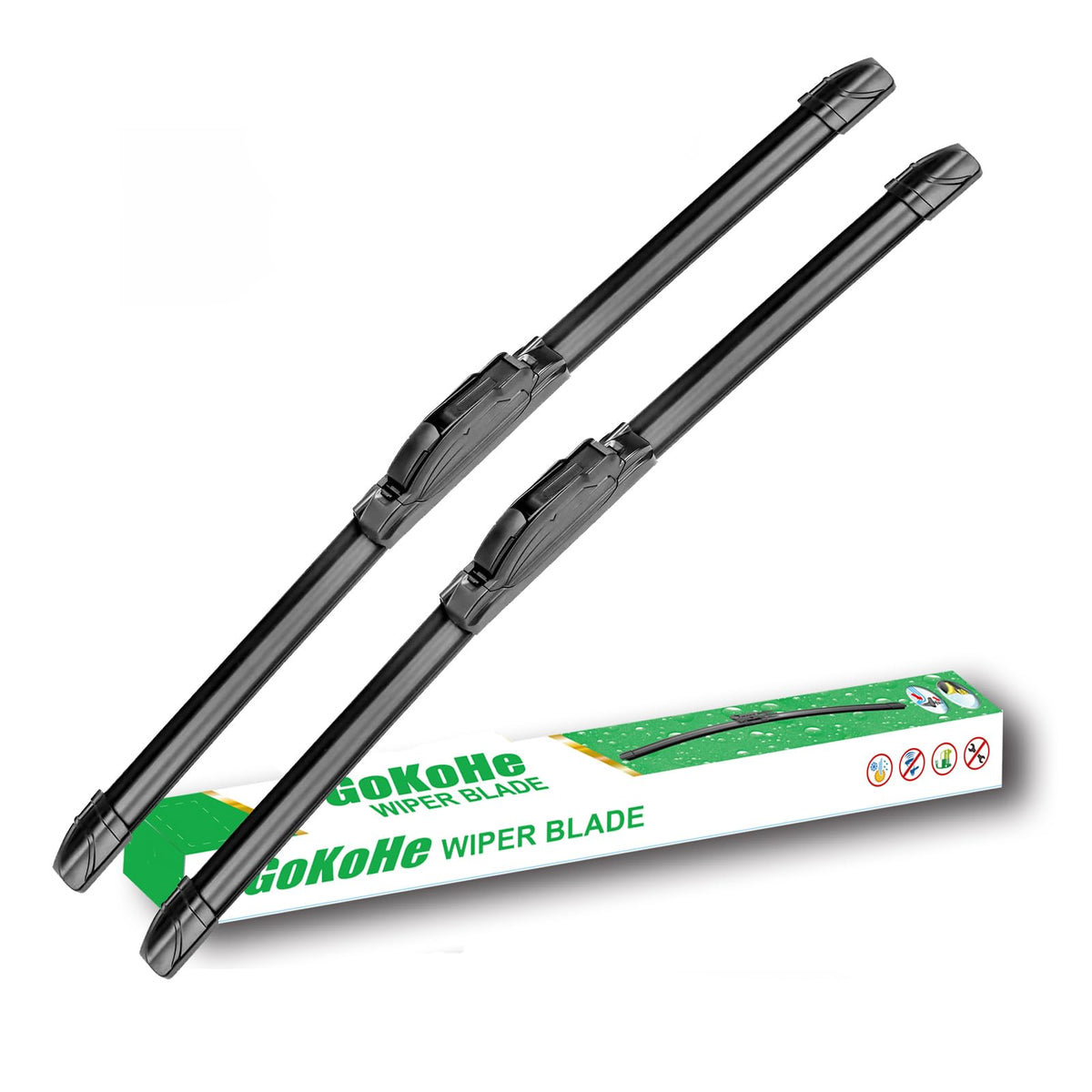 GoKoHe 28+14 inch wiper blades in packaging, ready for quick vehicle replacement.