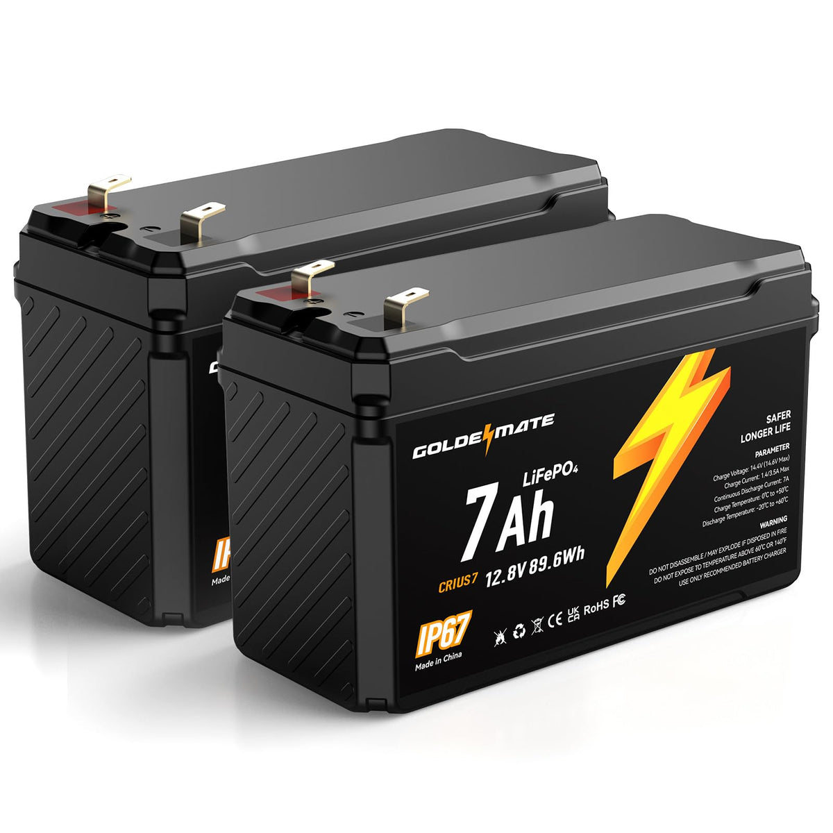GOLDENMATE 12V 7Ah battery pack front view for compact power in ride-on toys.