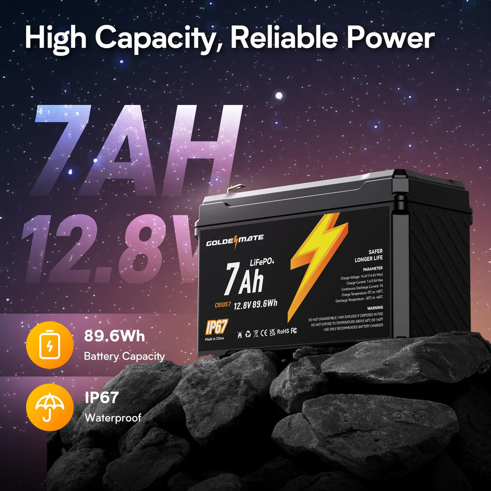 GOLDENMATE 12V 7Ah battery pack side view showing waterproof IP67 protection.