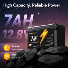 GOLDENMATE 12V 7Ah battery pack side view showing waterproof IP67 protection.
