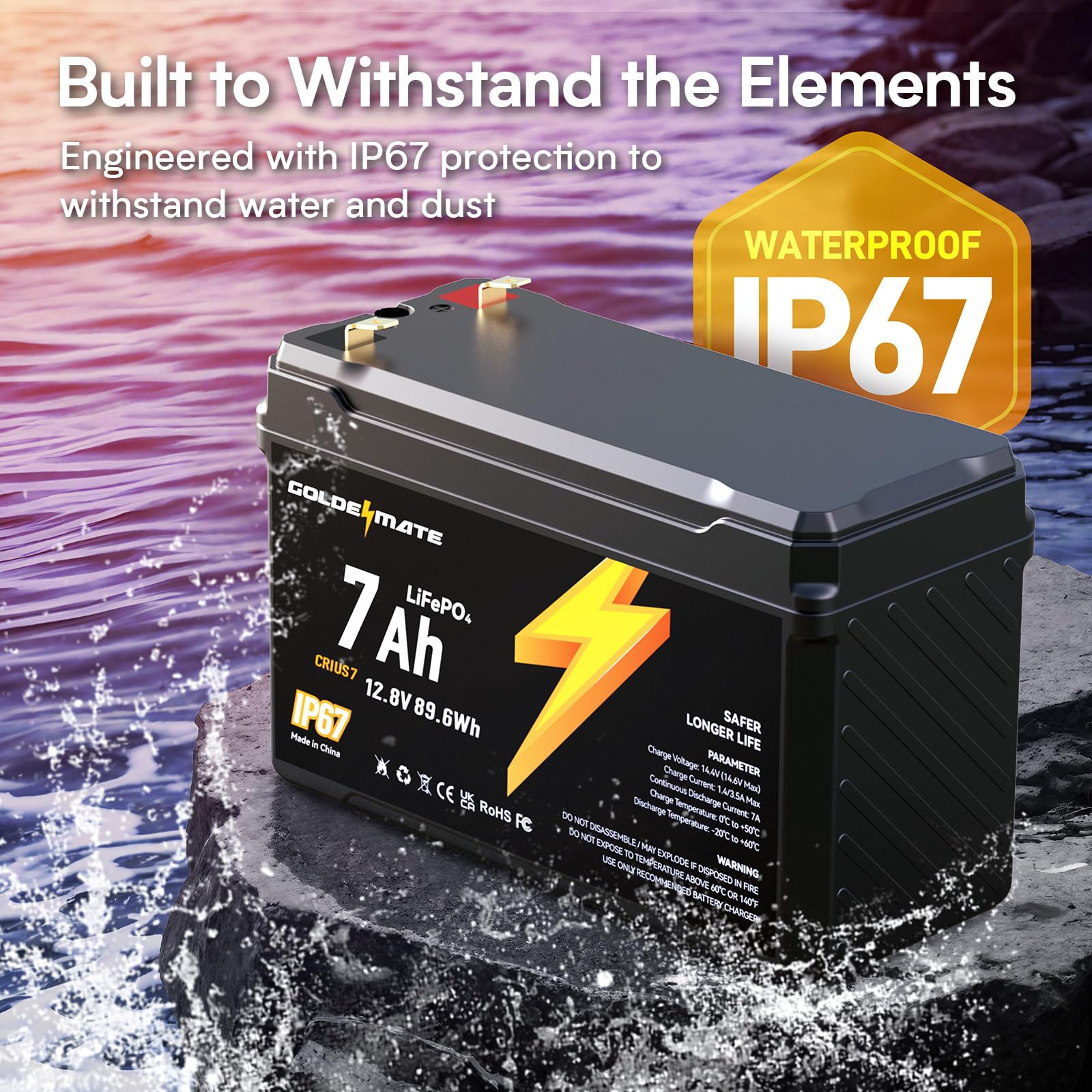 GOLDENMATE 12V 7Ah battery pack top view highlighting compact design.