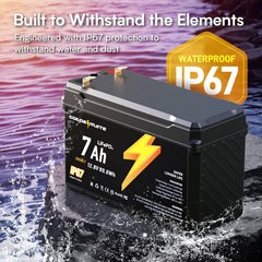 GOLDENMATE 12V 7Ah battery pack top view highlighting compact design.