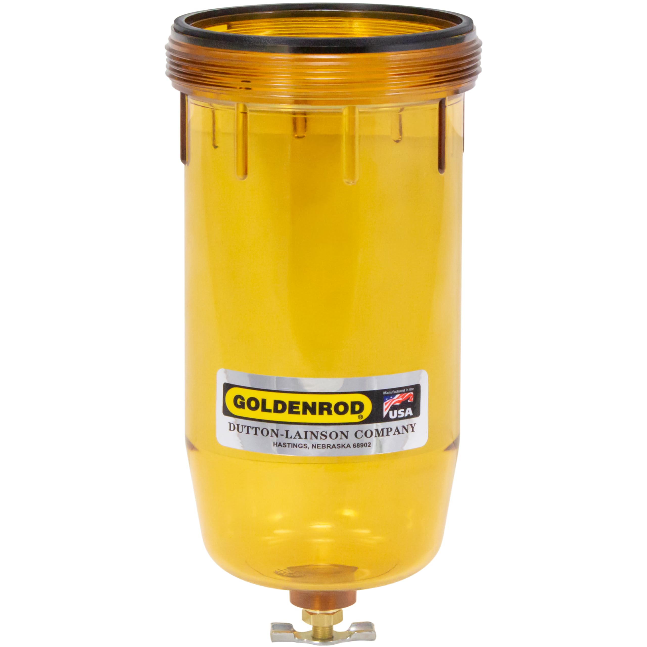 Goldenrod see-thru bowl visualizes fuel flow for easy inspection