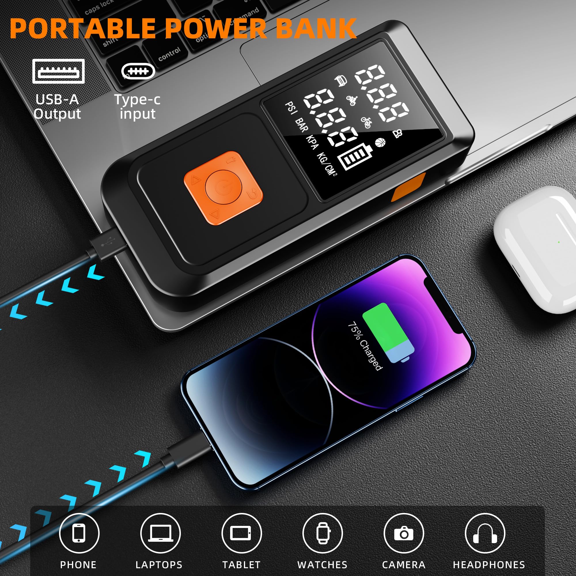 Goldforest usb-c port powers the unit while USB-A charges devices on the go.