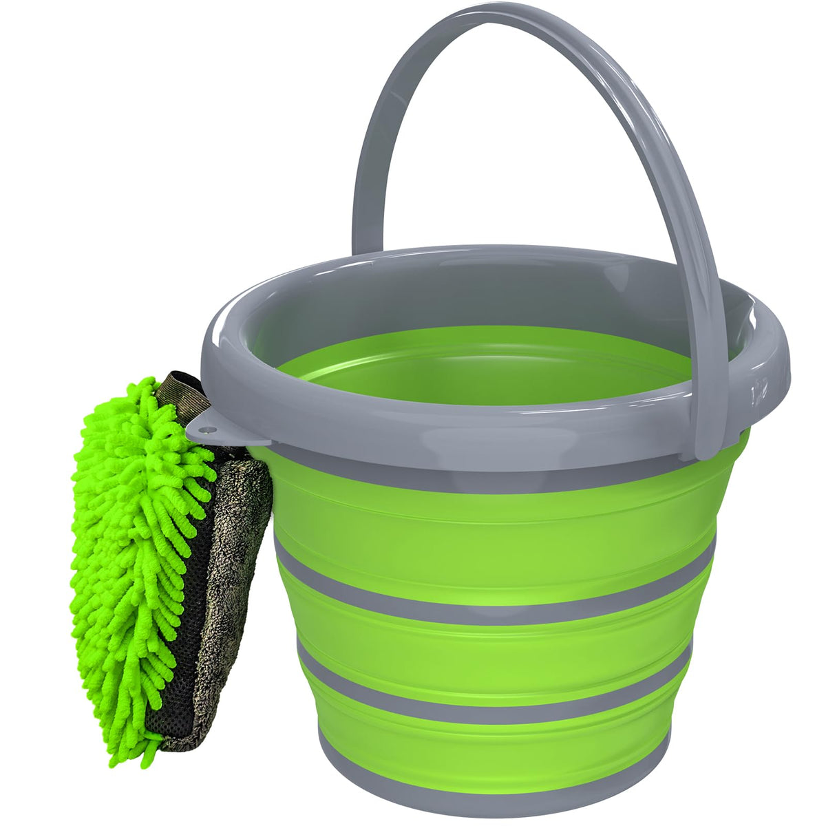 Goldfox collapsible bucket folded to 32cm diameter, ideal for space-saving storage.