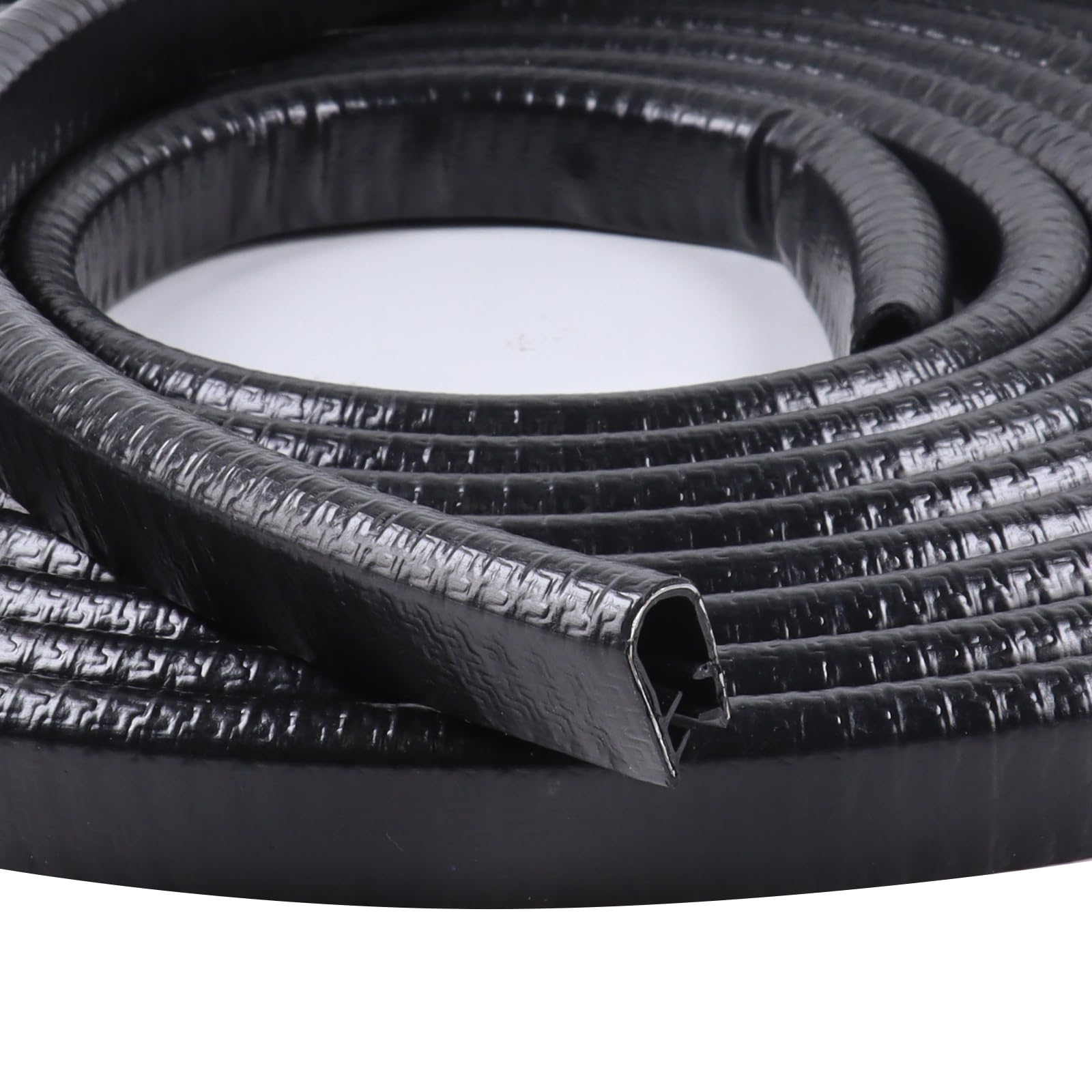 GoldWheel edge trim black U-channel with metal clip sealing car door edges.