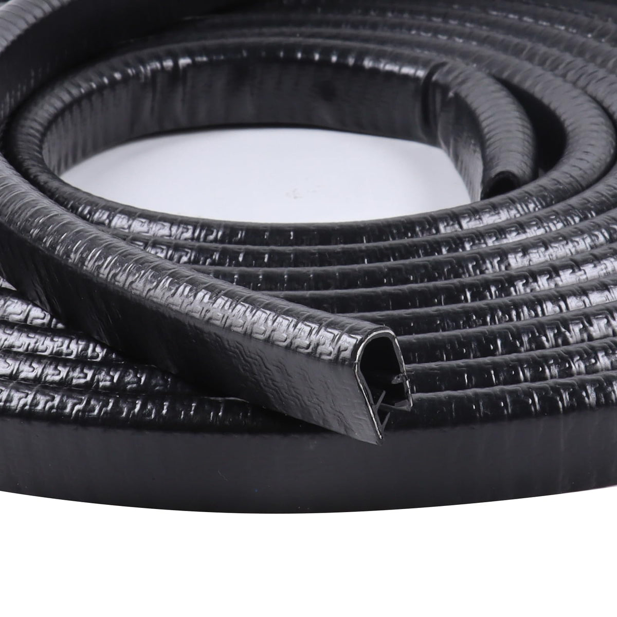 GoldWheel edge trim black U-channel with metal clip sealing car door edges.