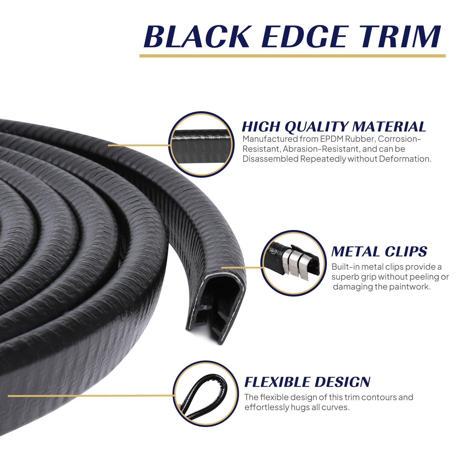 GoldWheel edge trim hugging curved car door edge for protection.