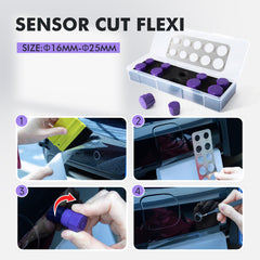 Car wrap technician using Gomake kit for accurate sensor hole alignment.