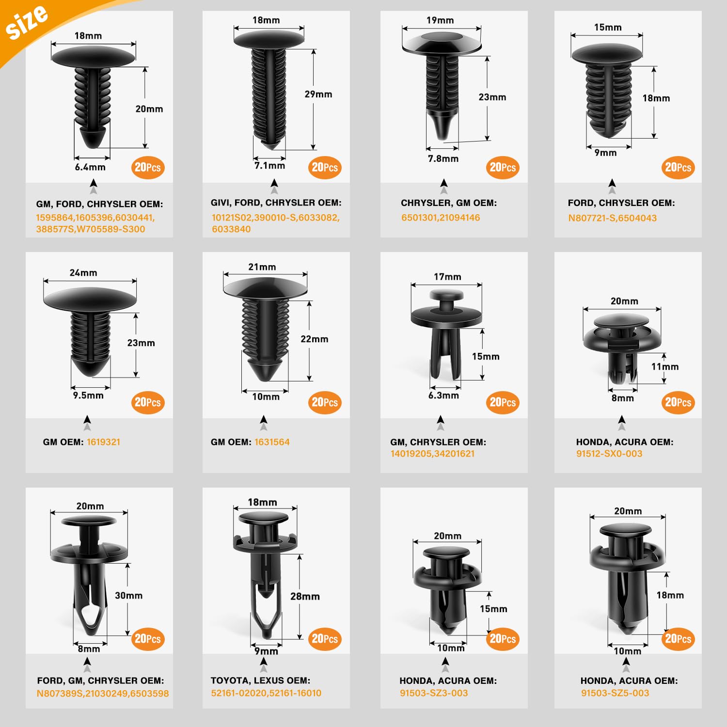 GOOACC auto push pin rivets 12 sizes for versatile car model compatibility.