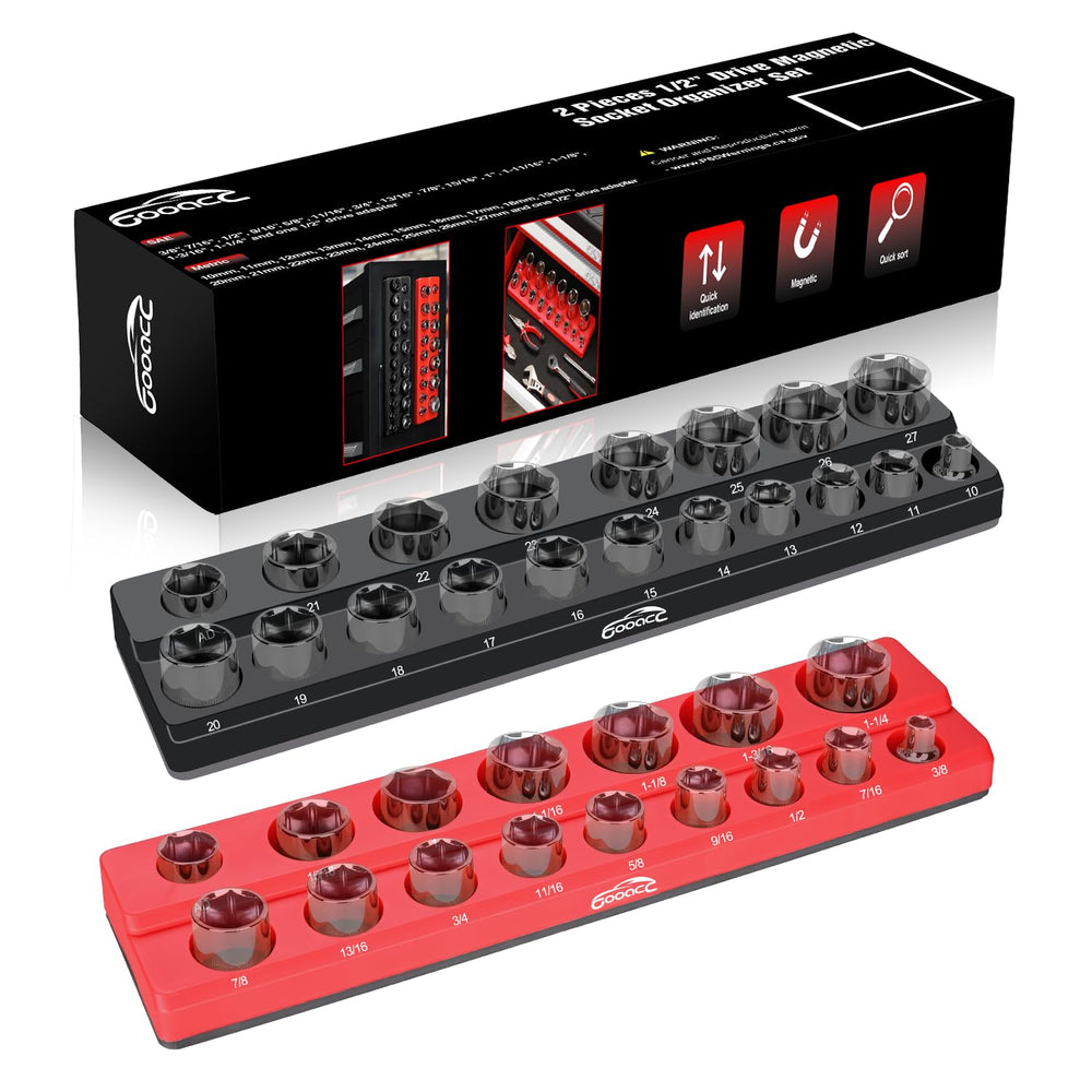 GOOACC magnetic socket organizer base keeps sockets secure on metal surfaces.