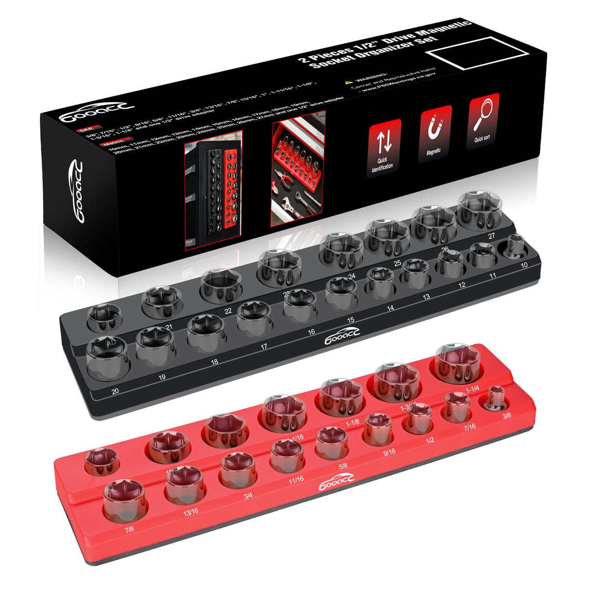 GOOACC magnetic socket organizer base keeps sockets secure on metal surfaces.