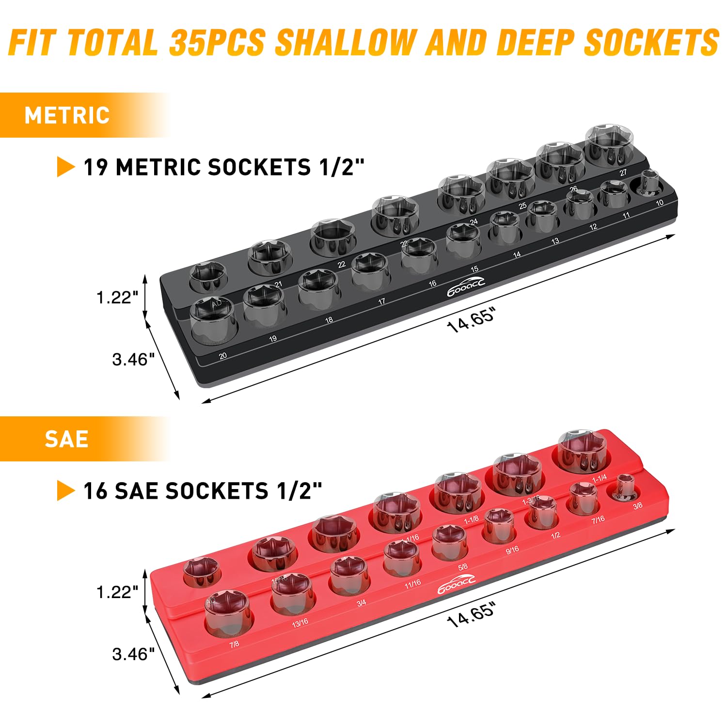 GOOACC red SAE tray organizes sockets by standard.