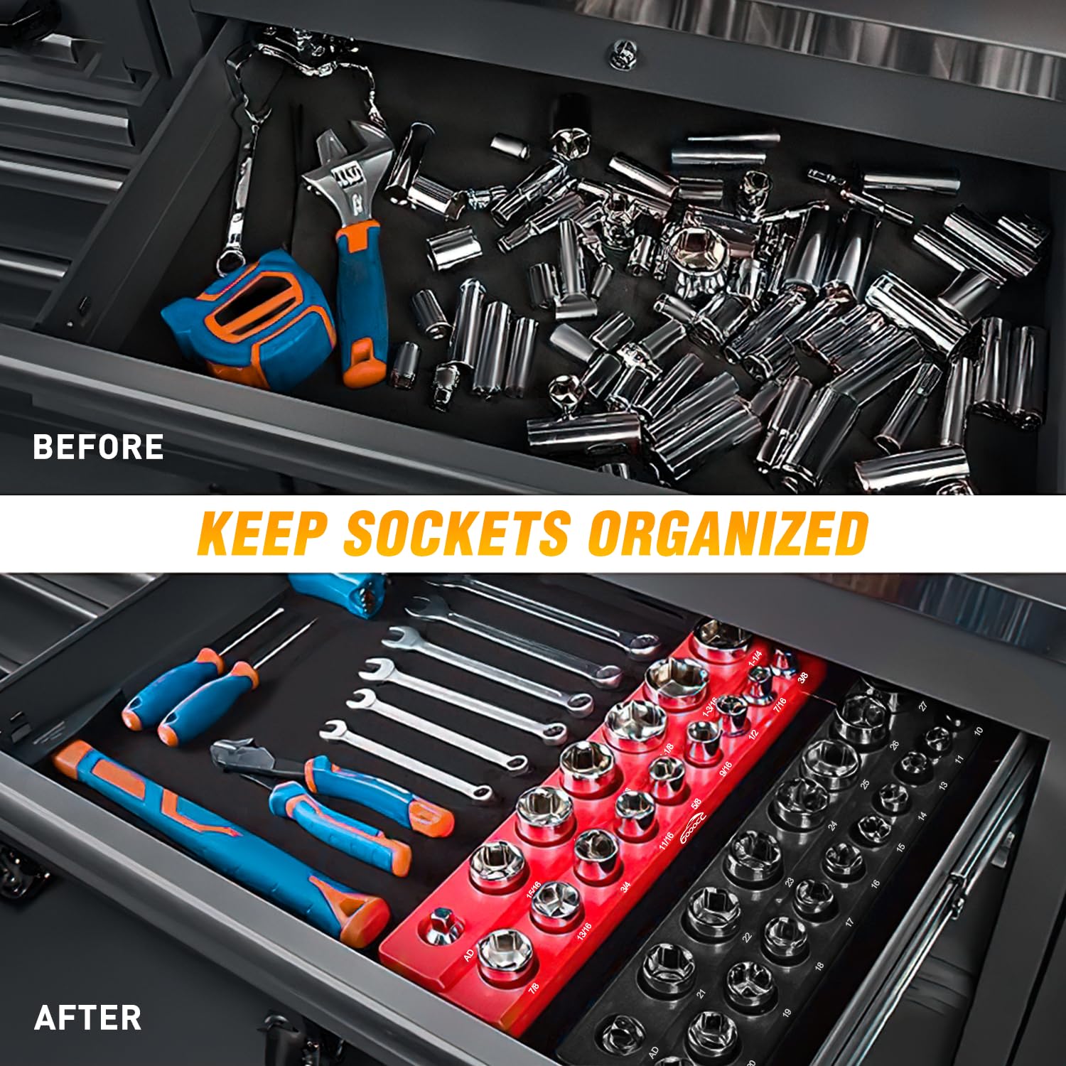 GOOACC drawer-ready organizer keeps tools within reach.