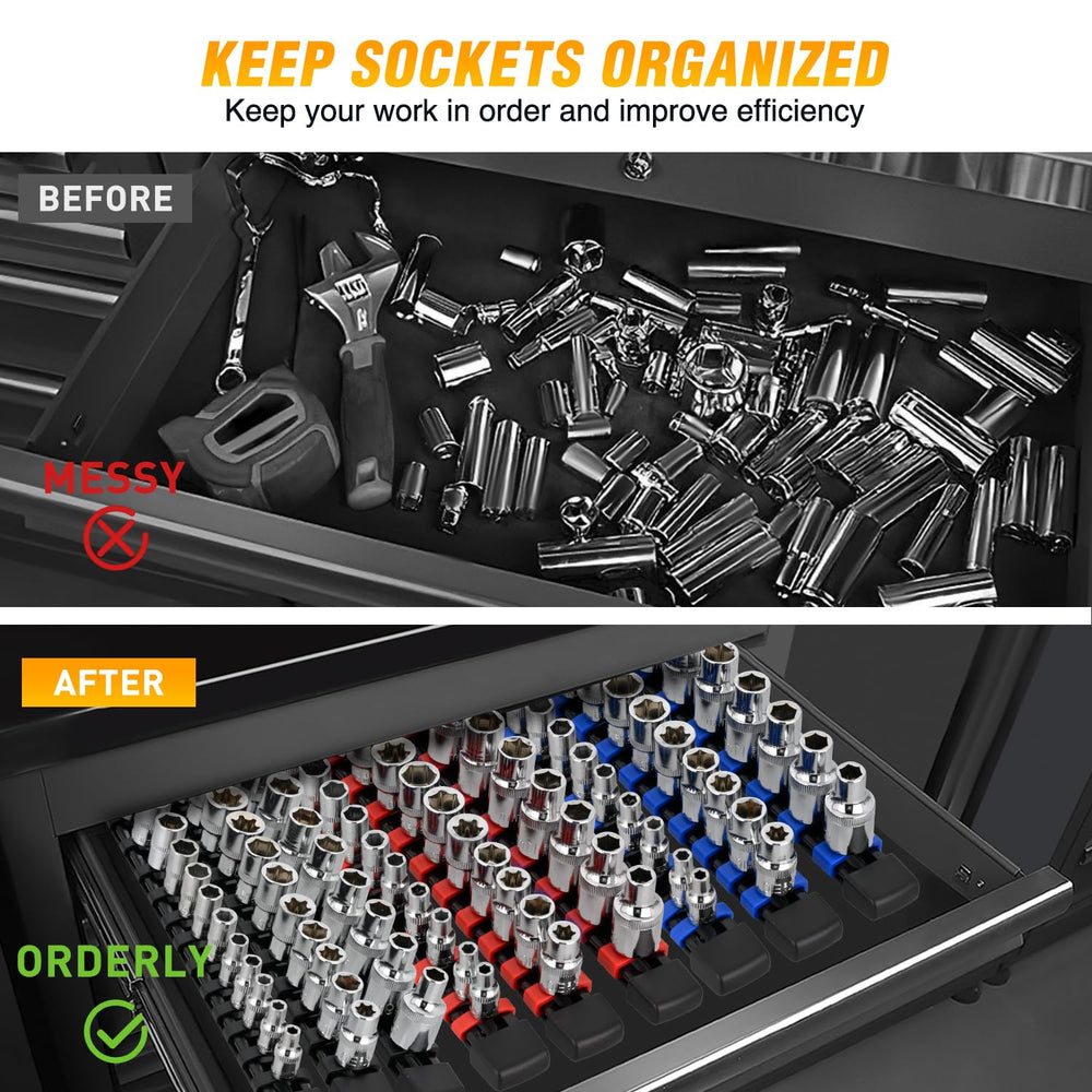 GOOACC socket rail in-drawer storage close-up illustrating compact organization
