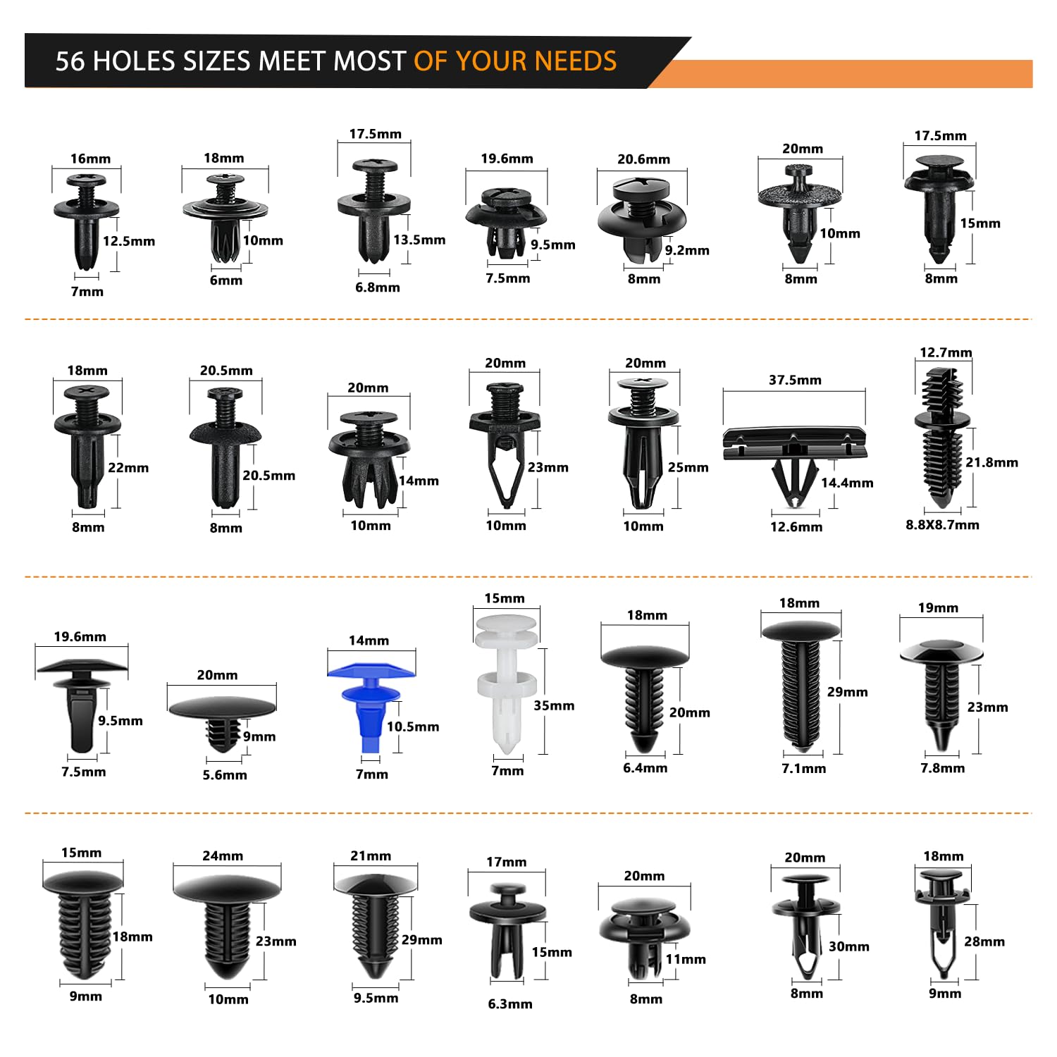 GOOACC universal-fit clips in 56 sizes for 6-10mm holes.