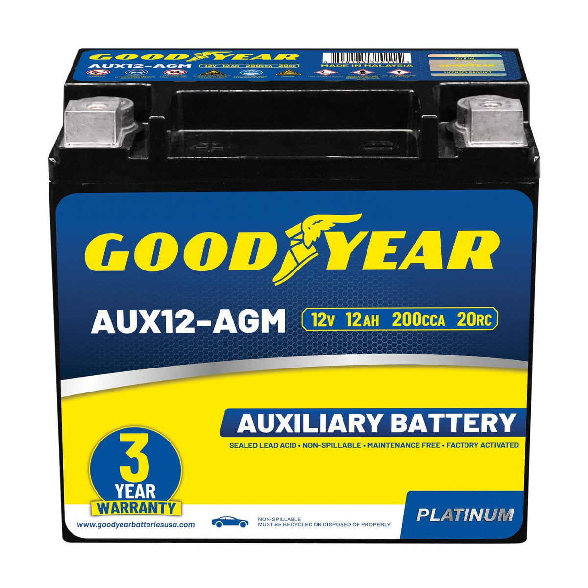 Goodyear AUX12-AGM battery front view for versatile vehicle fit and reliable starts