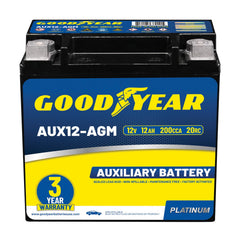 Goodyear AUX12-AGM battery front view for versatile vehicle fit and reliable starts