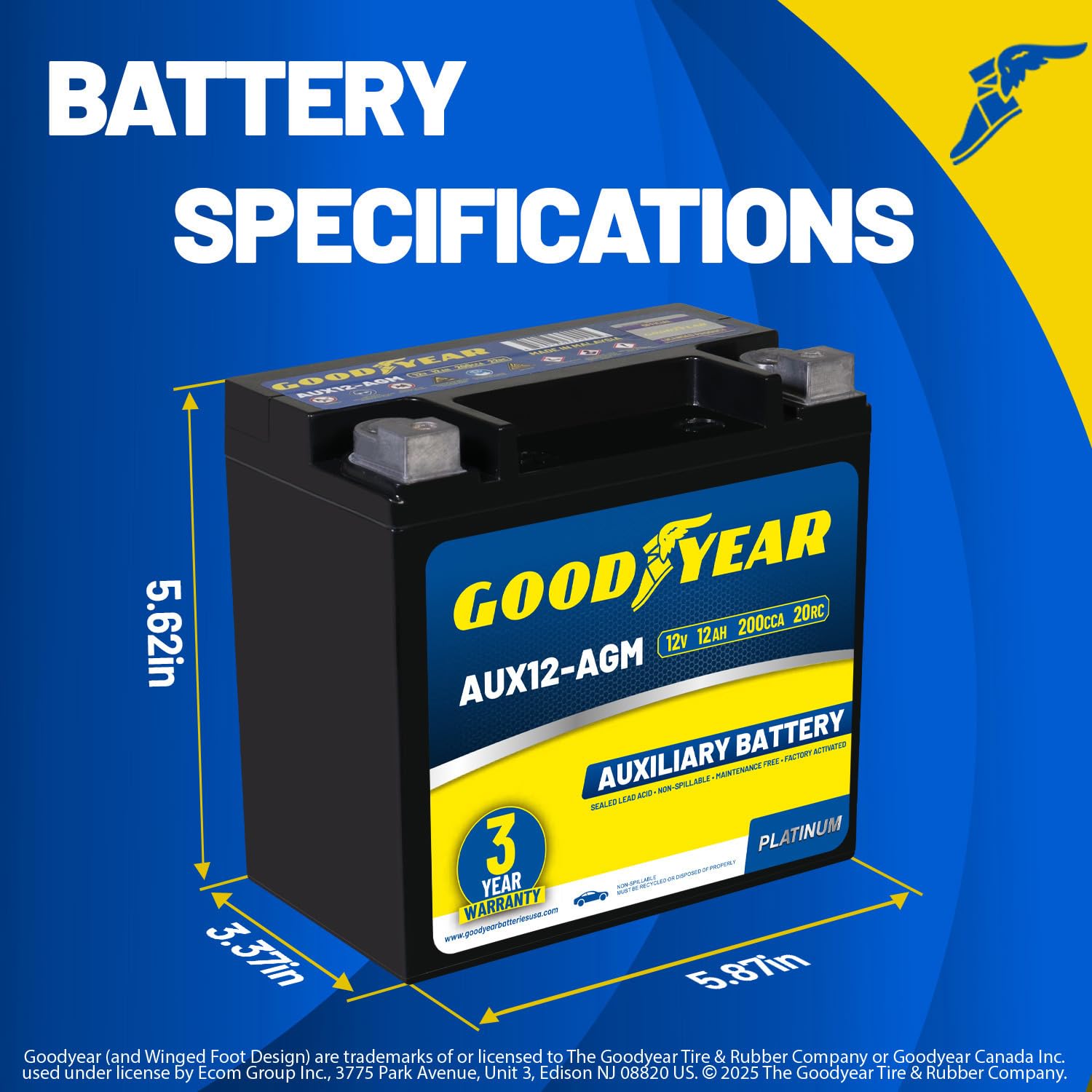 Goodyear AUX12-AGM label detail shows compact size and safety certification