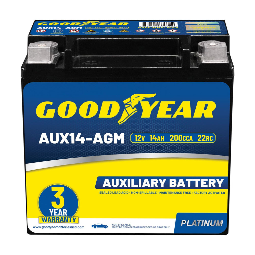 Goodyear AUX14-AGM battery front view showing compact design for versatile mounting