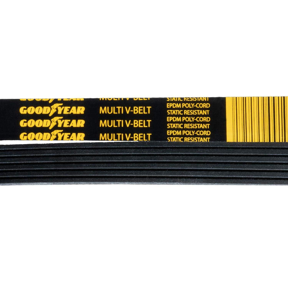 Goodyear belt compatibility image shows drive for alternator, water pump, and AC system