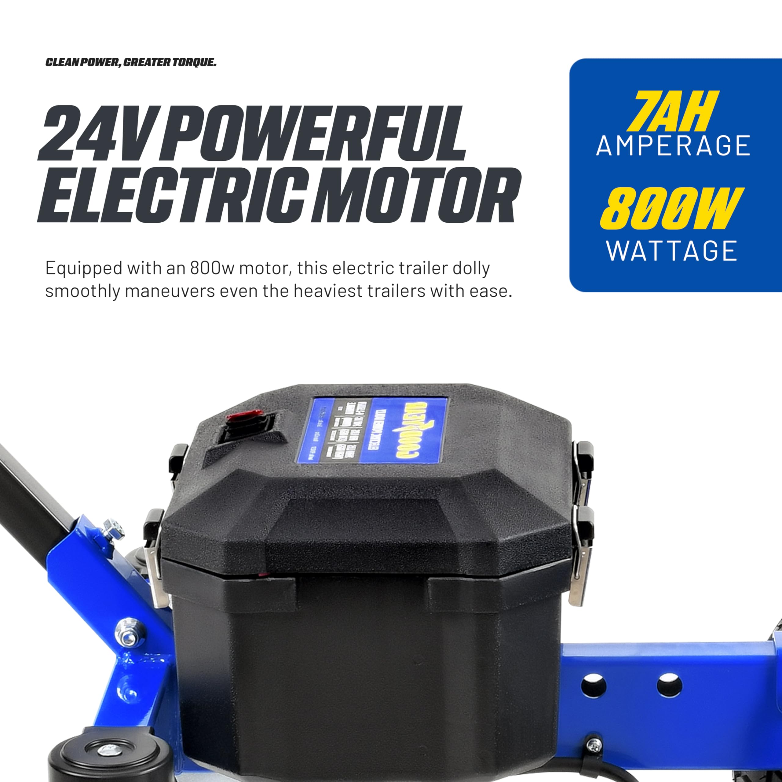 Goodyear electric dolly ball hitch attachment shows quick secure mounting.