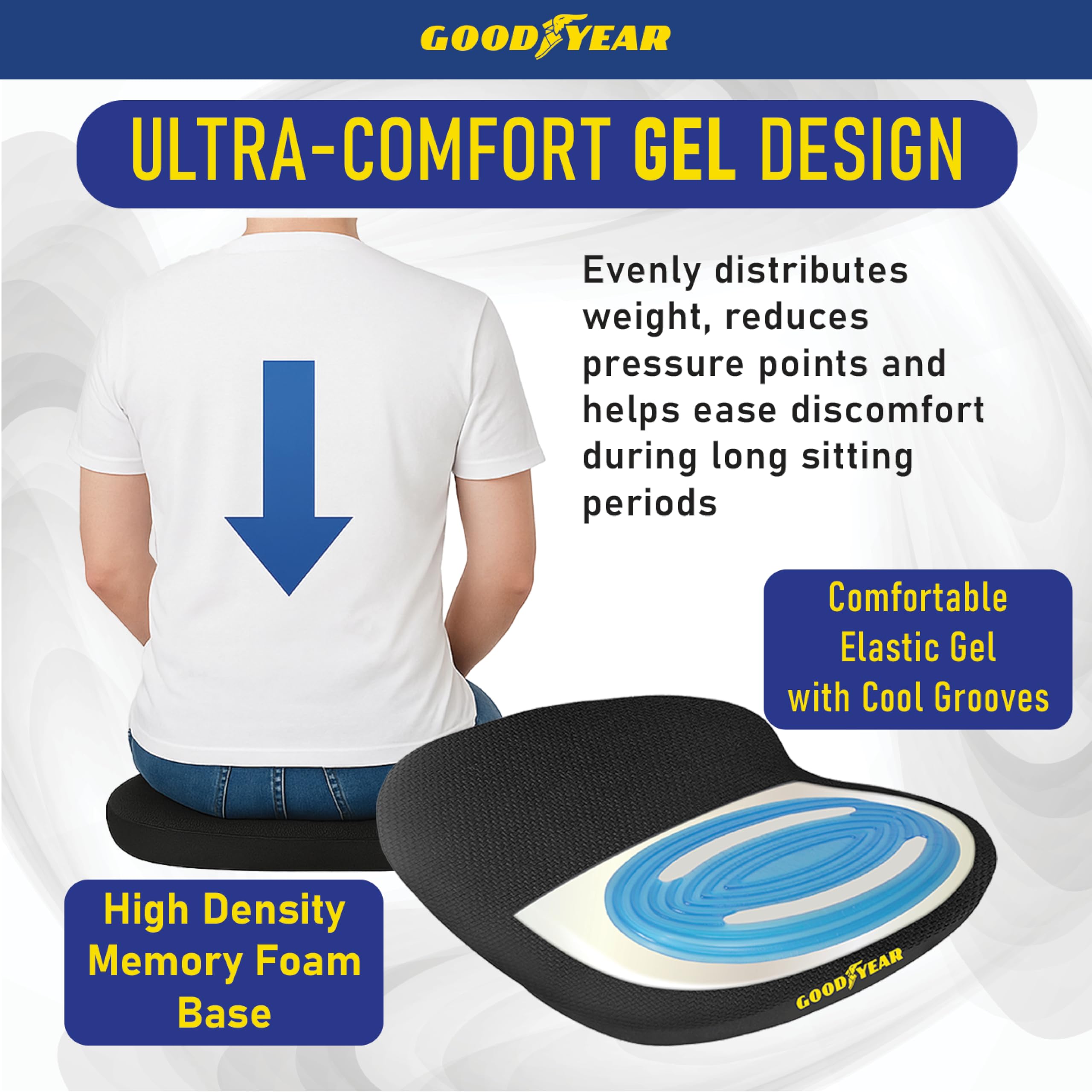 Goodyear gel cooling layer seat cushion enhances comfort during long drives or desk work