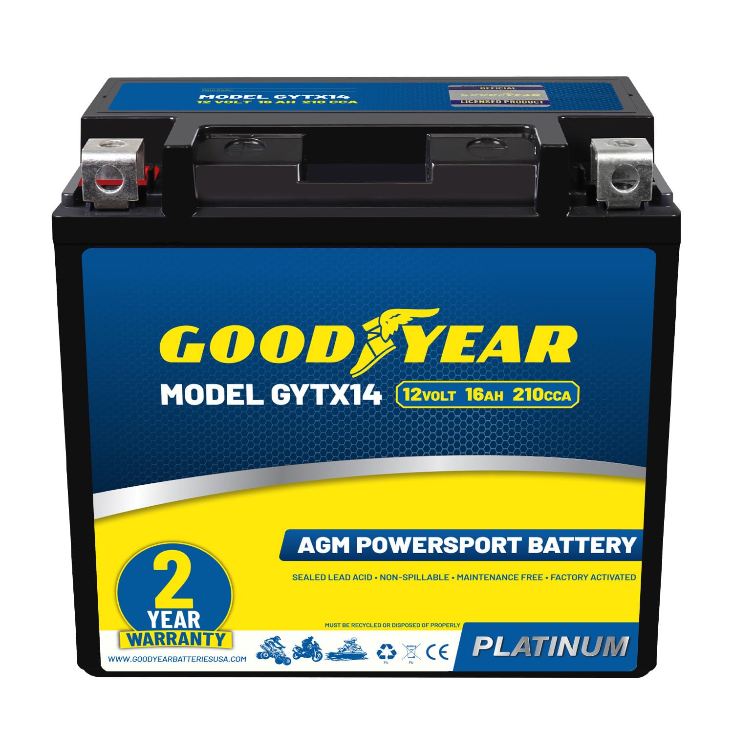 Goodyear GYTX14-12V battery front view showing compact form for easy mounting