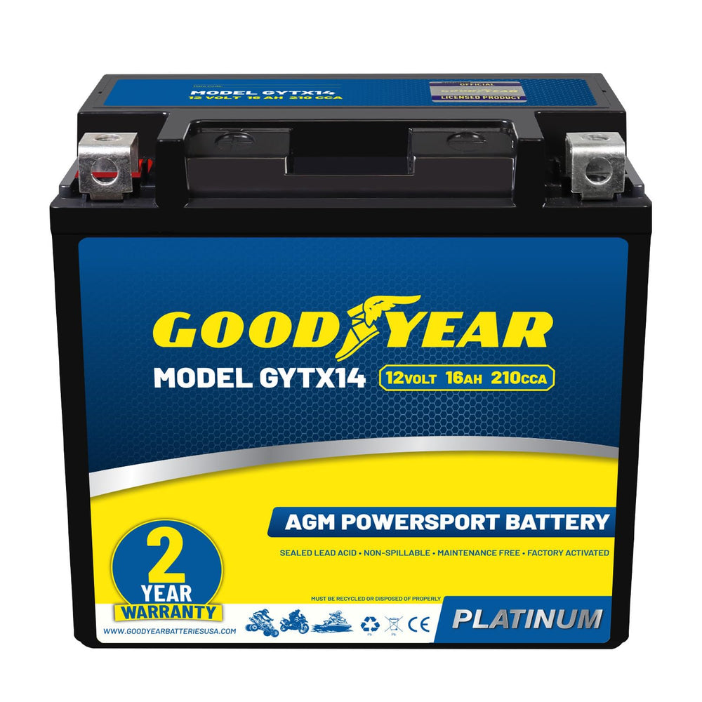 Goodyear GYTX14-12V battery front view showing compact form for easy mounting