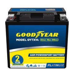 Goodyear GYTX14-12V battery front view showing compact form for easy mounting