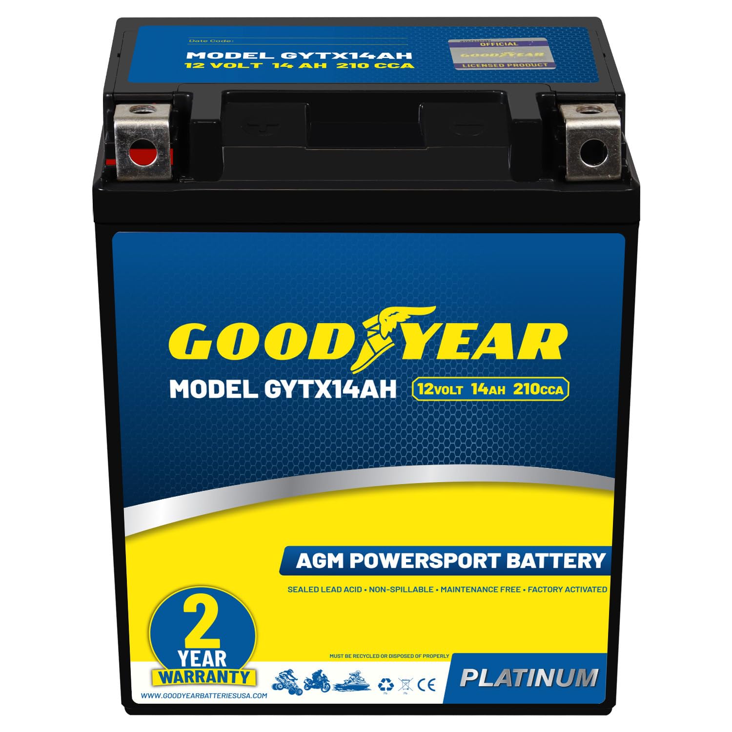 Goodyear GYTX14AH top view highlights compact, versatile power for motorcycles.