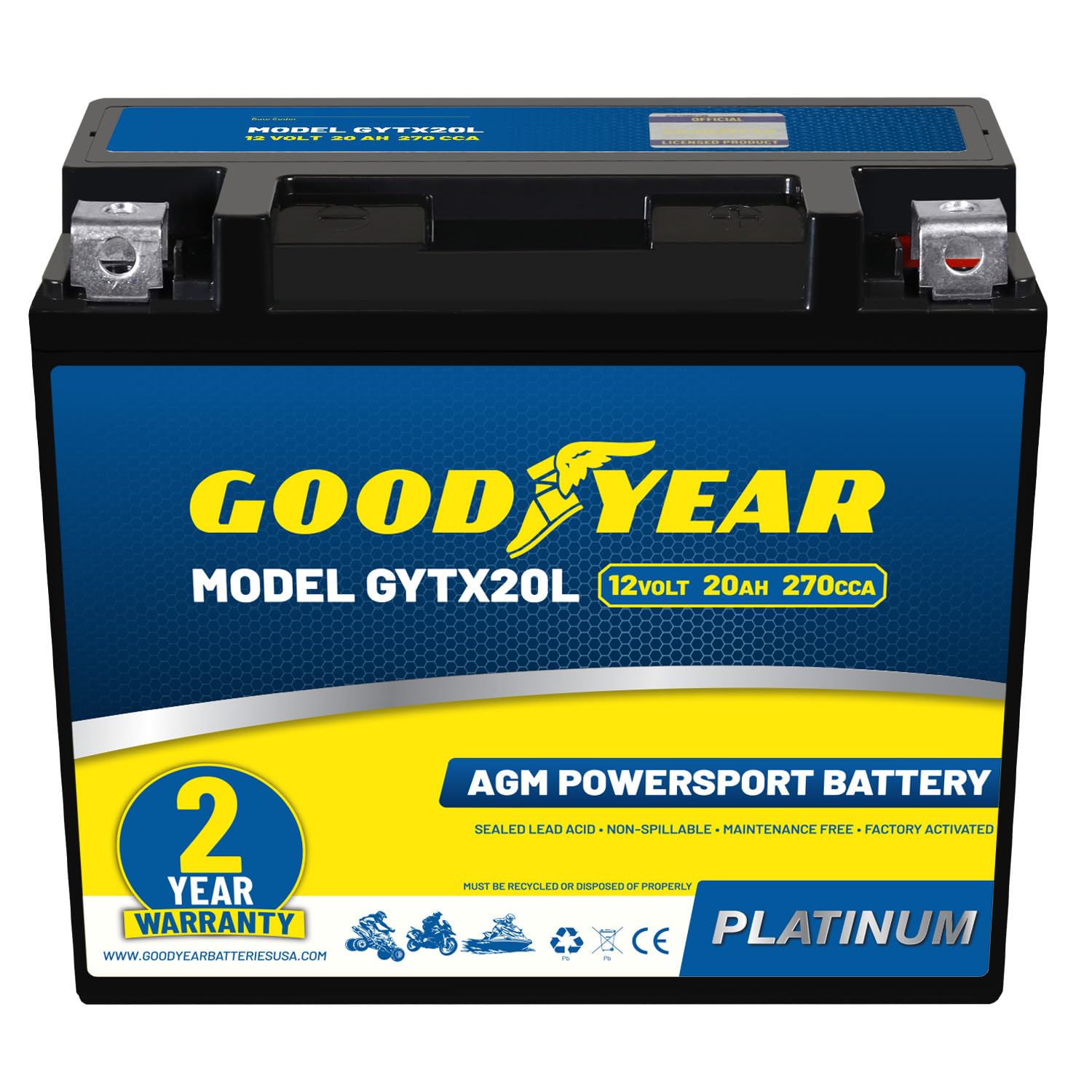 Goodyear GYTX20L front view battery for reliable motorcycle starts