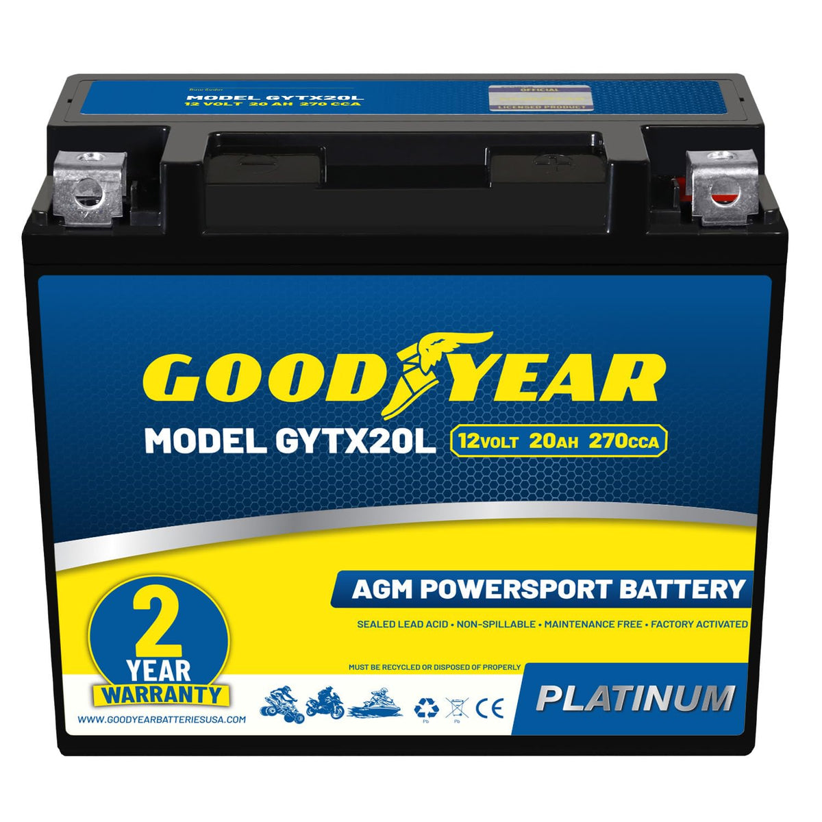 Goodyear GYTX20L front view battery for reliable motorcycle starts