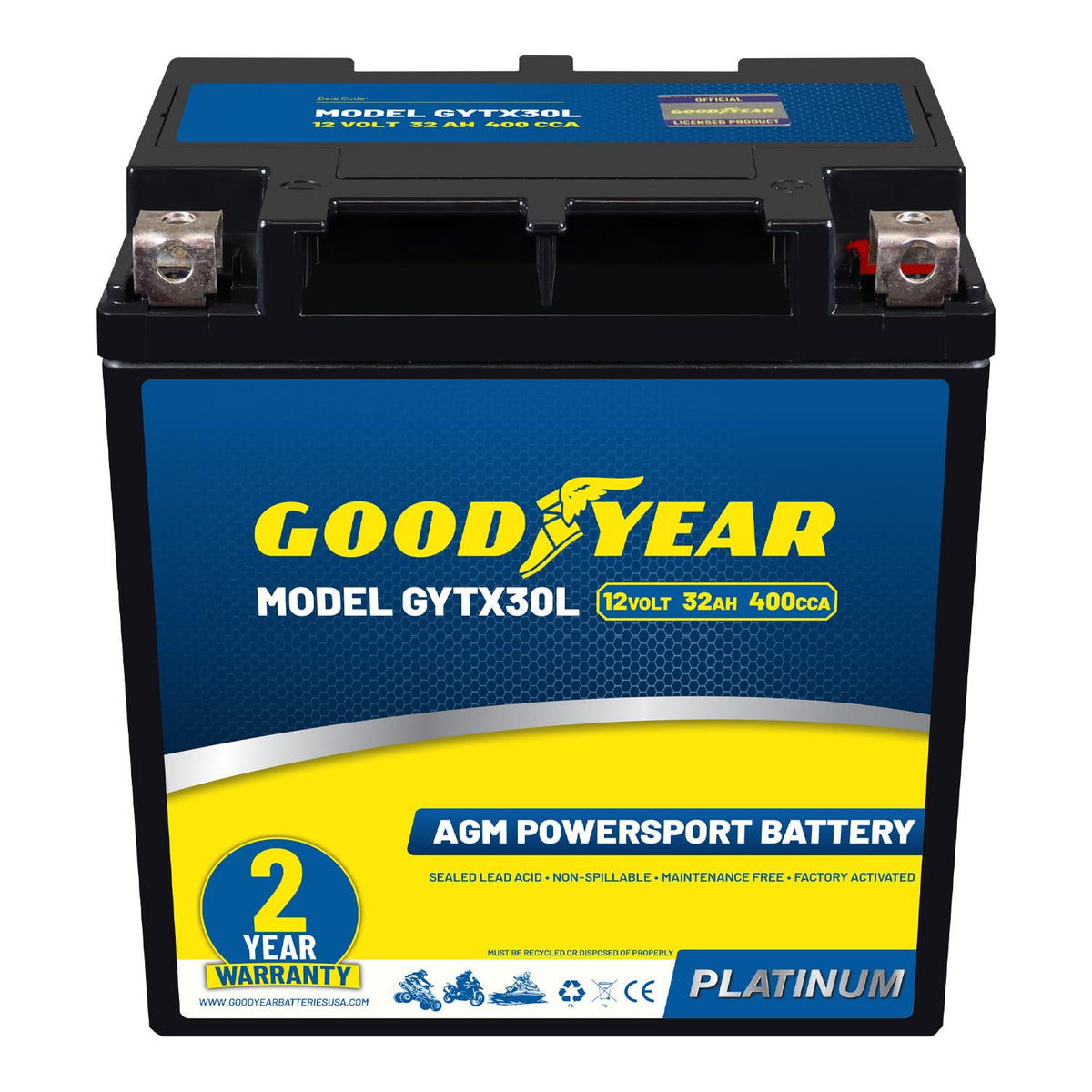 Goodyear GYTX30L front view shows compact, maintenance-free battery for bikes and ATVs.