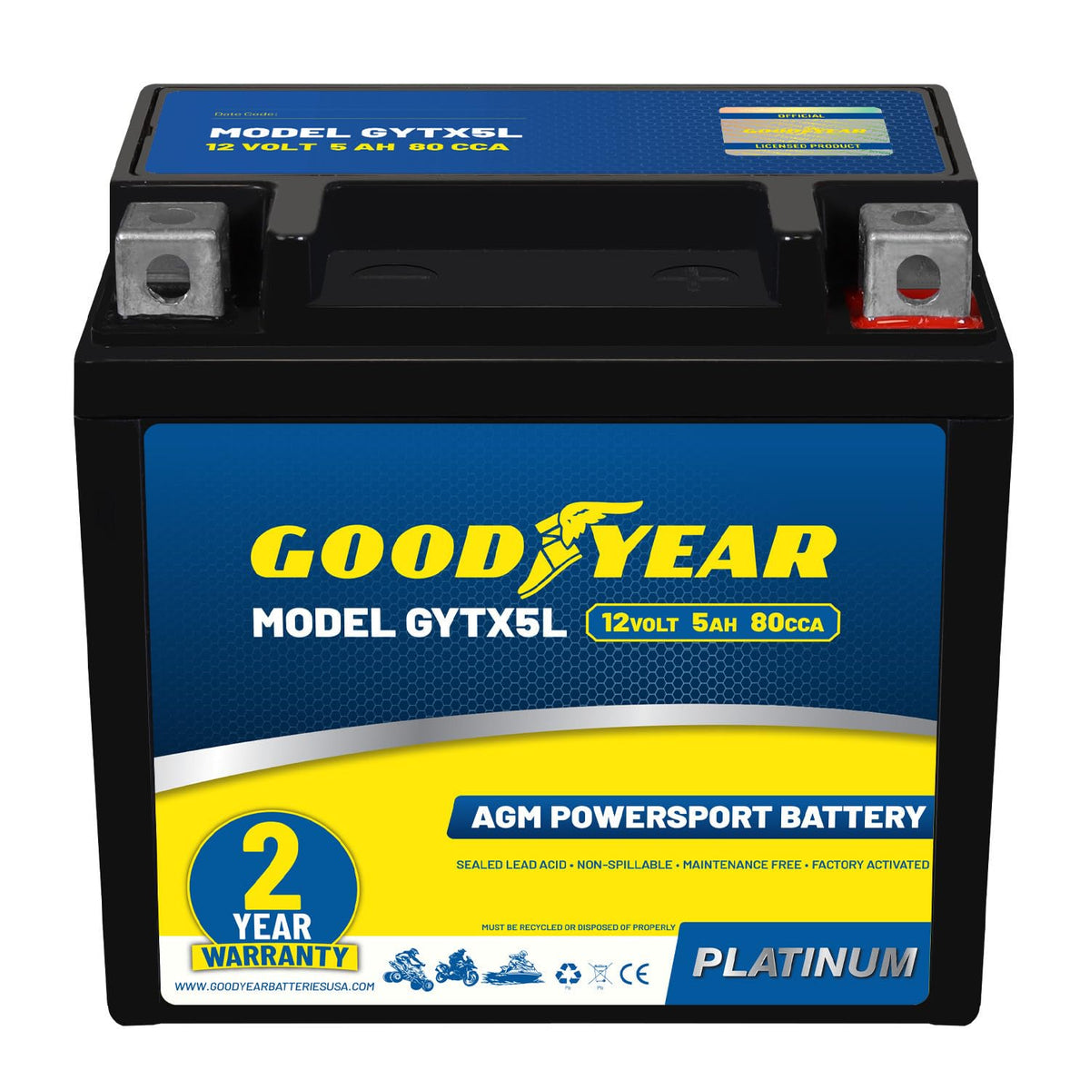 Goodyear GYTX5L front view battery shows compact maintenance free design for quick installation